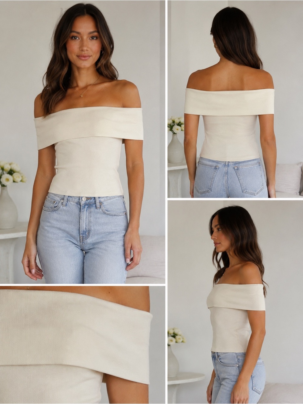 Mango NWT Ivory Ribbed Off Shoulder Knit Top Size L Stretch